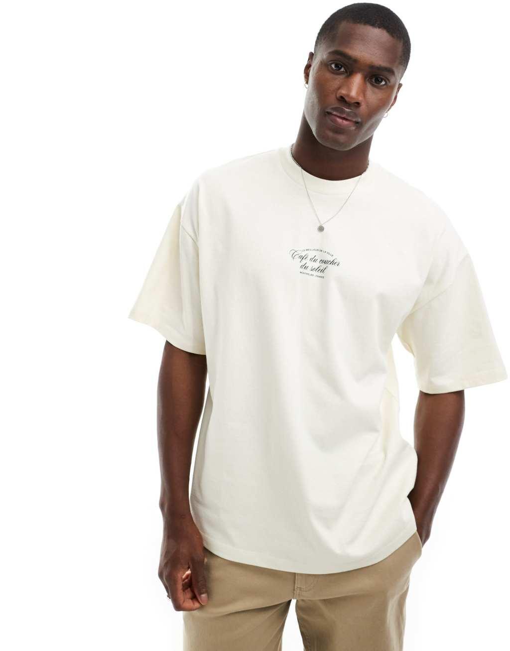 Selected Homme oversized heavy weight T-shirt with script backprint in cream Product Image
