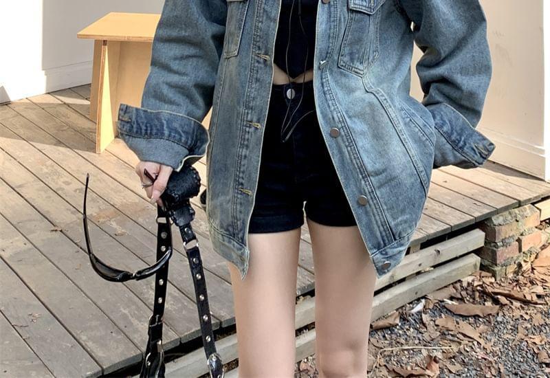Collared Washed Denim Button Up Jacket Product Image