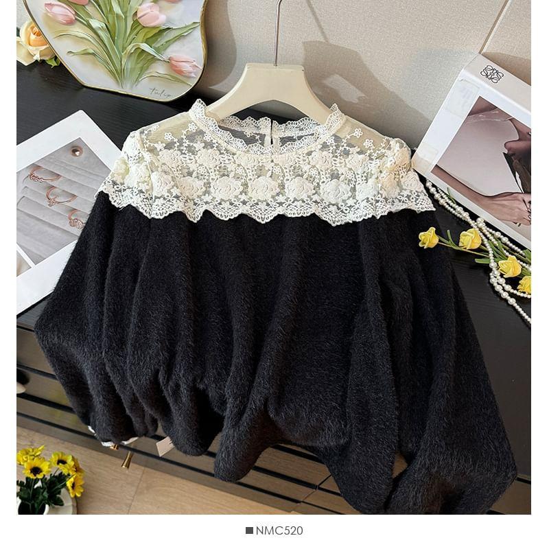 Lace-Panel Loose Knit Top Product Image