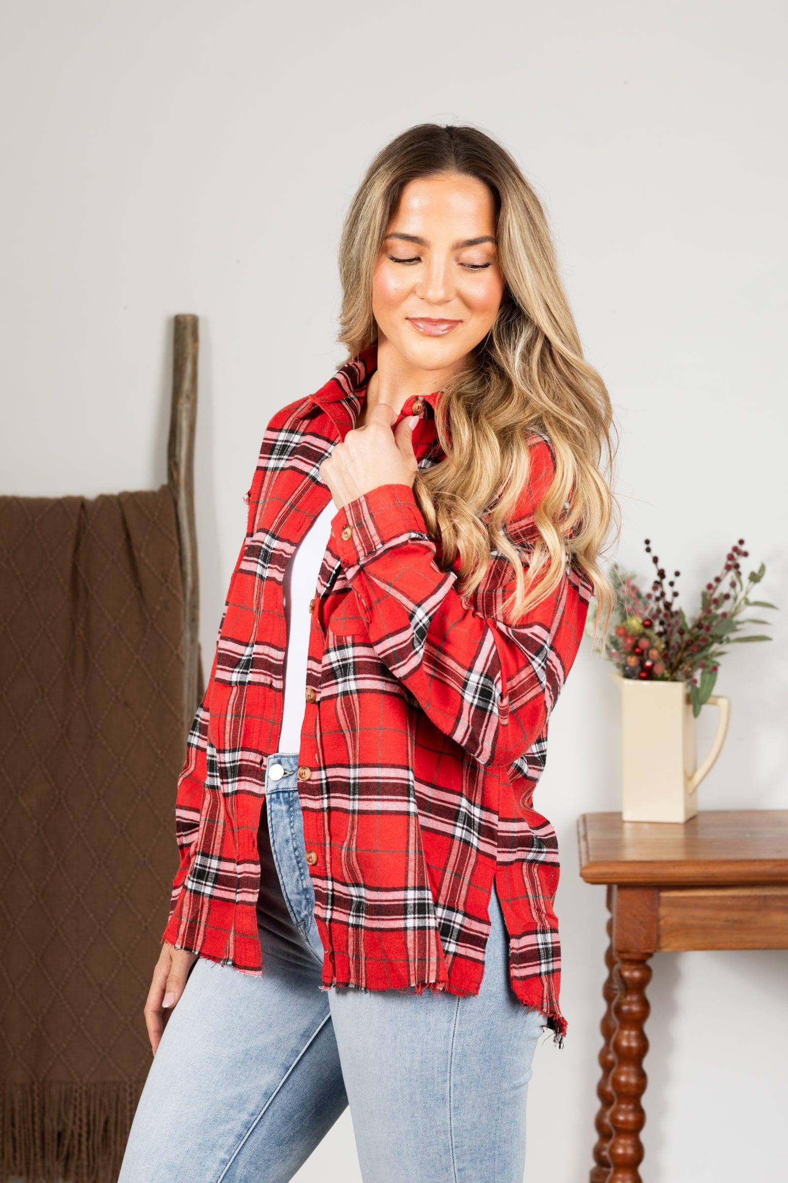Red With Black Plaid Button Up Woven Top Product Image