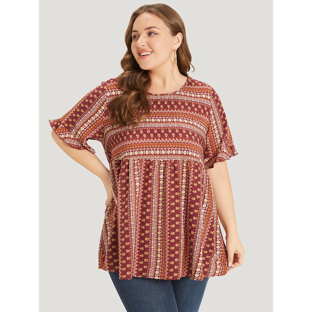 Plus Size Russet Bandana Patchwork Ruffle Sleeve Blouse Women Vacation Short sleeve Round Neck Dailywear Blouses BloomChic 18-20/2X Product Image