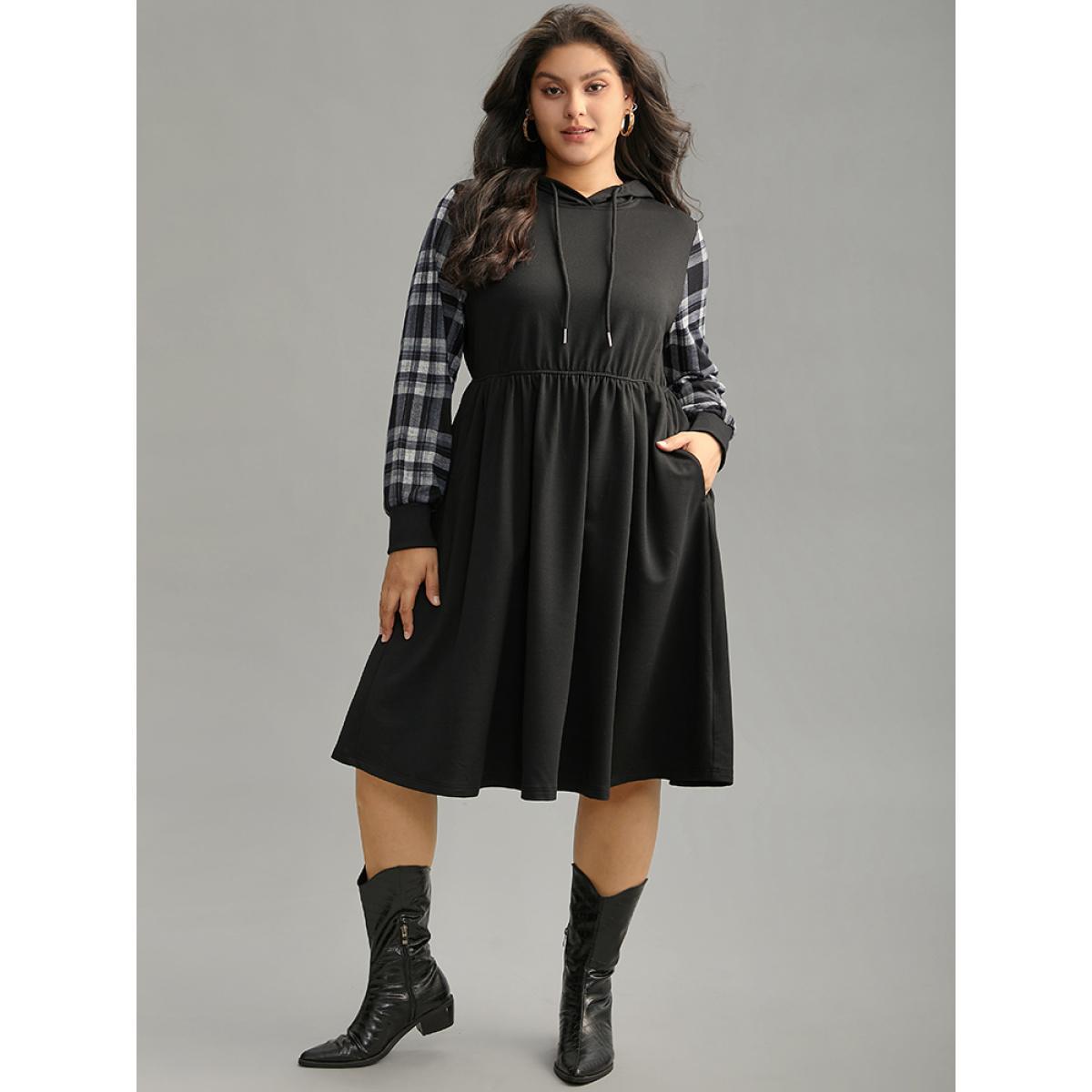 Plus Size Plaid Patchwork Drawstring Pocket Hooded Dress Black Women Casual Printed Hooded Long Sleeve Curvy Midi Dress BloomChic 14-16/1X Product Image