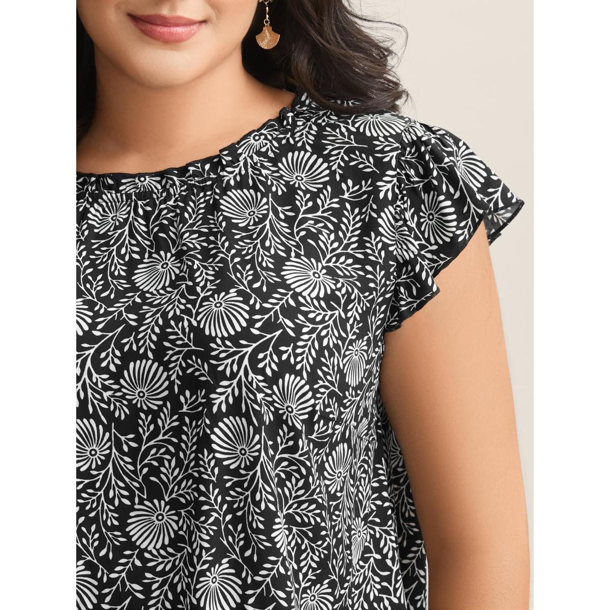 Plus Size Black Floral Print Ruffled Neck Blouse Women Cap Sleeve Mock Neck Vacation Blouses BloomChic 14-16/1X Product Image