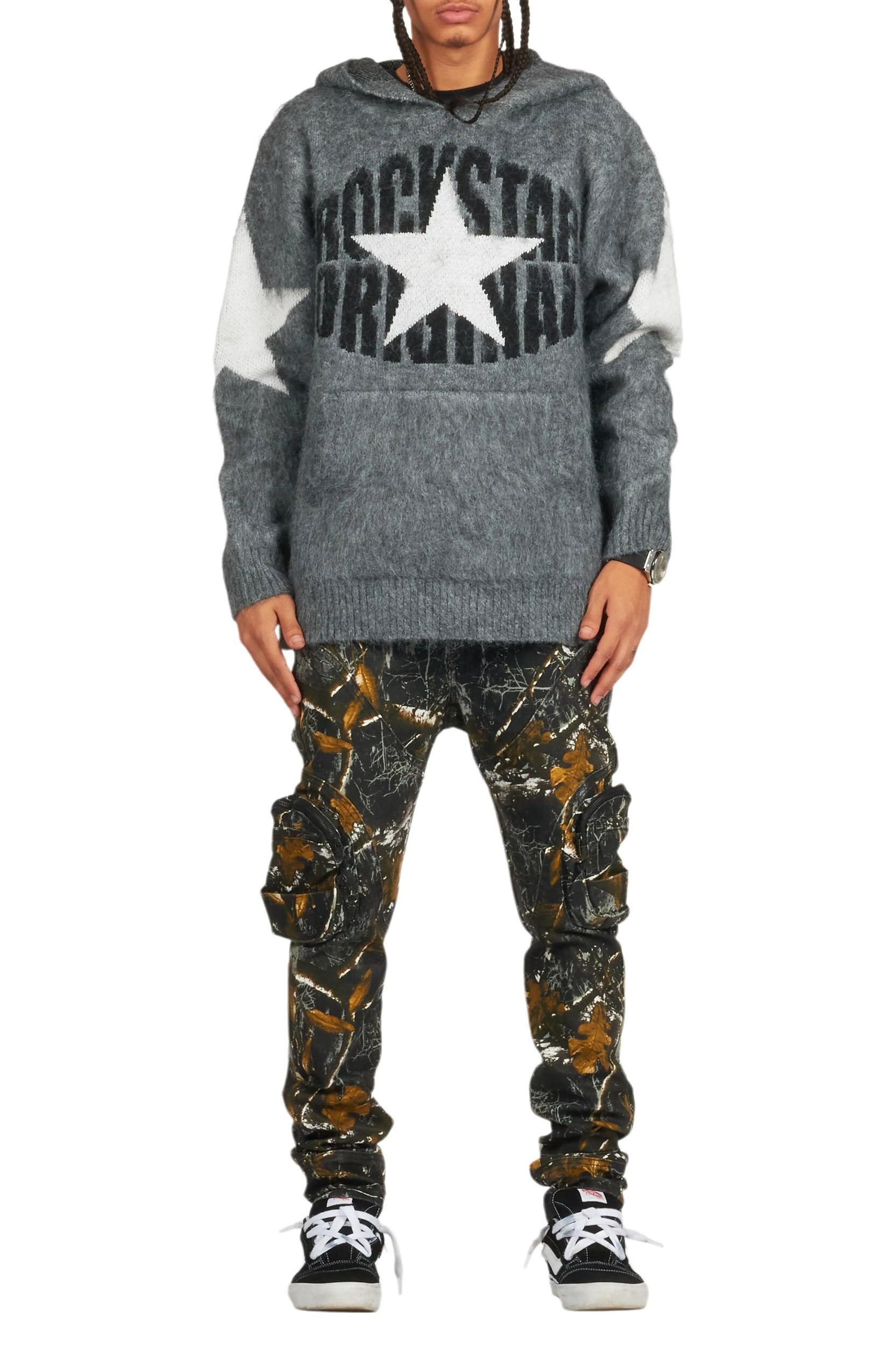 States Grey Graphic Knitted Mohair Hoodie Male Product Image
