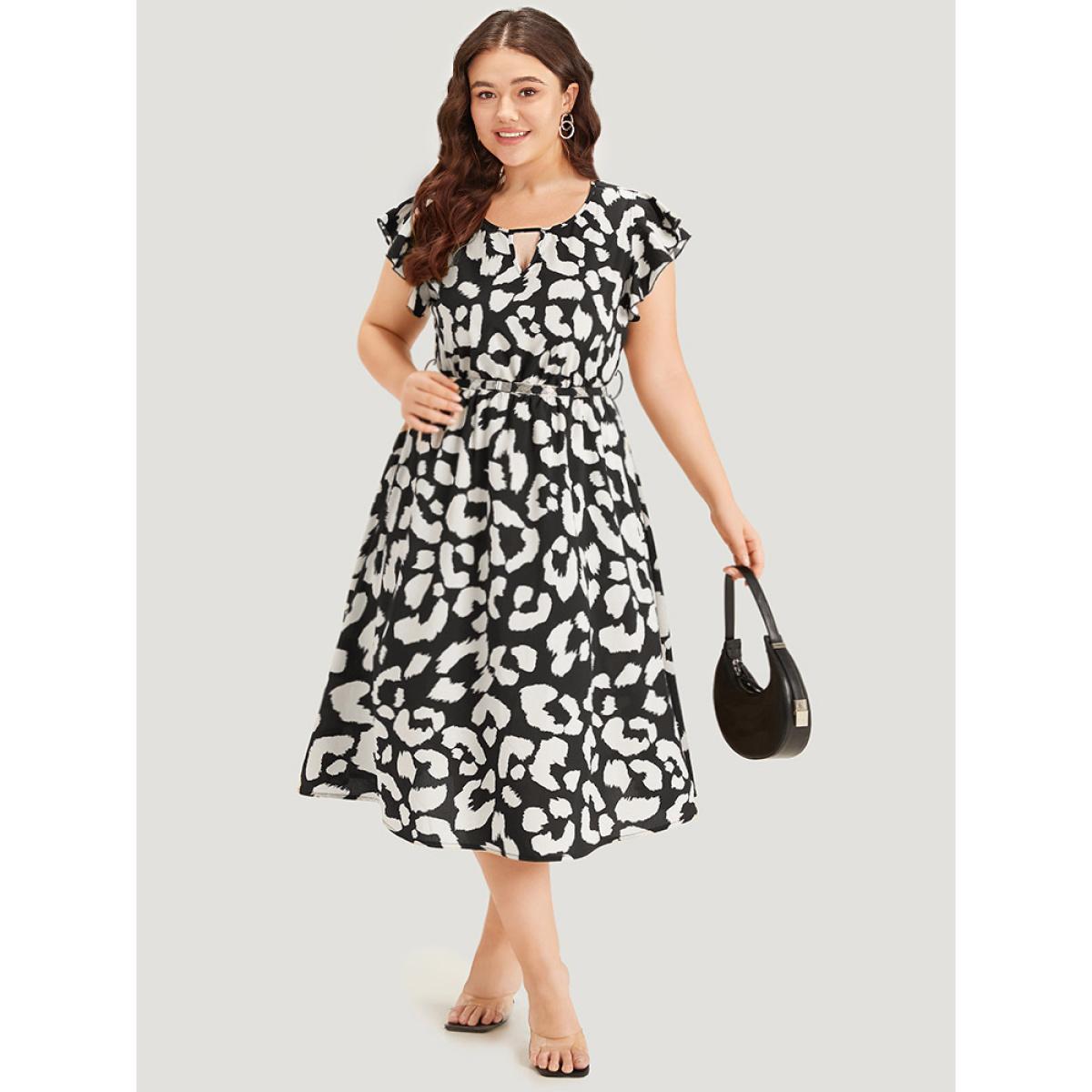Plus Size Graphic Print Keyhole Pocket Belted Flutter Trim Dress White Women Office Belted Round Neck Sleeveless Curvy Midi Dress BloomChic 18-20/2X Product Image