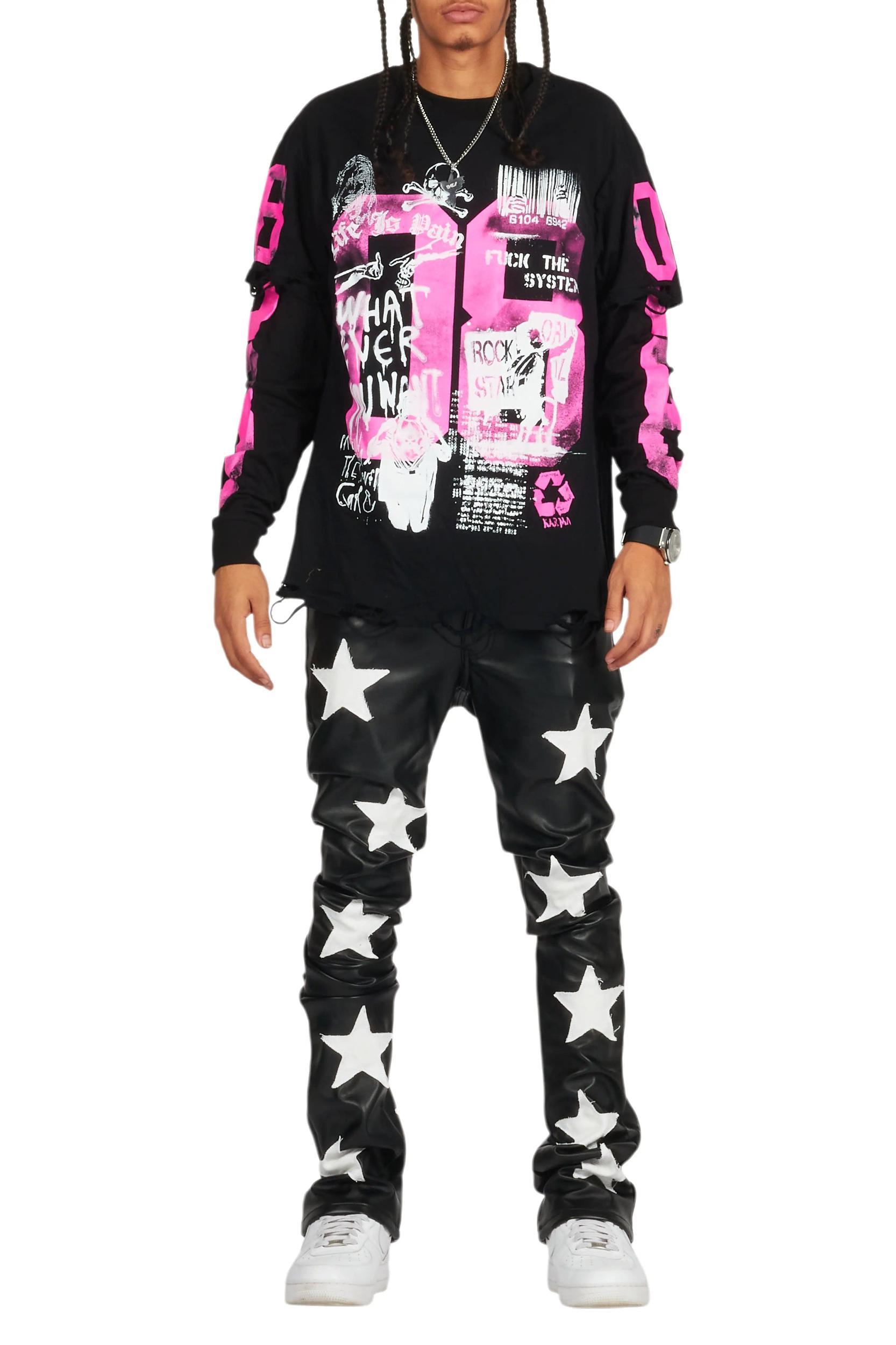 Grill Black/Pink Double Layer Long Sleeve Graphic T-Shirt Male Product Image