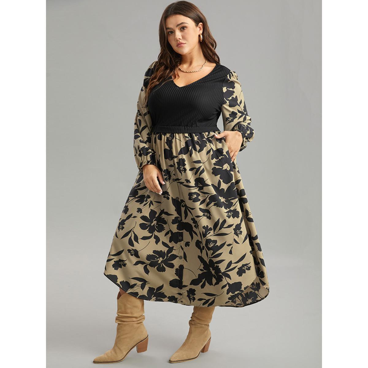 Plus Size Silhouette Floral Print Rib Knit Patchwork Dress LightBrown Women Elegant Elastic cuffs V-neck Long Sleeve Curvy Midi Dress BloomChic 28/5X Product Image