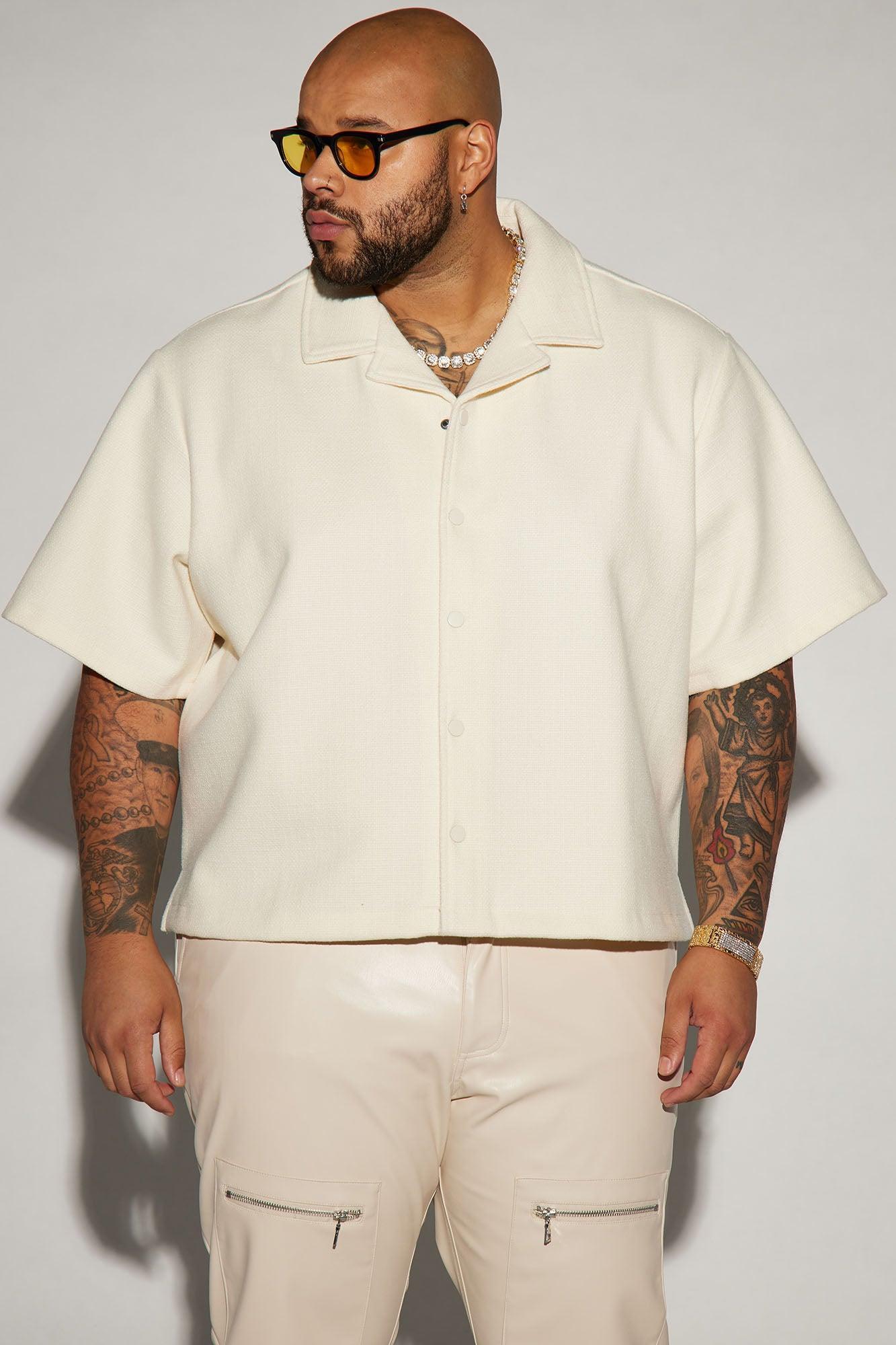 Wilder Textured Weave Cropped Button Up Shirt - Cream Product Image