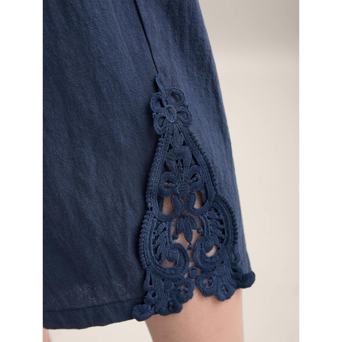 Plus Size Lace Cut-Out Straight-Leg Plain Pants Women Indigo Resort Straight Leg Mid Rise Vacation Pants BloomChic 28/5X Product Image