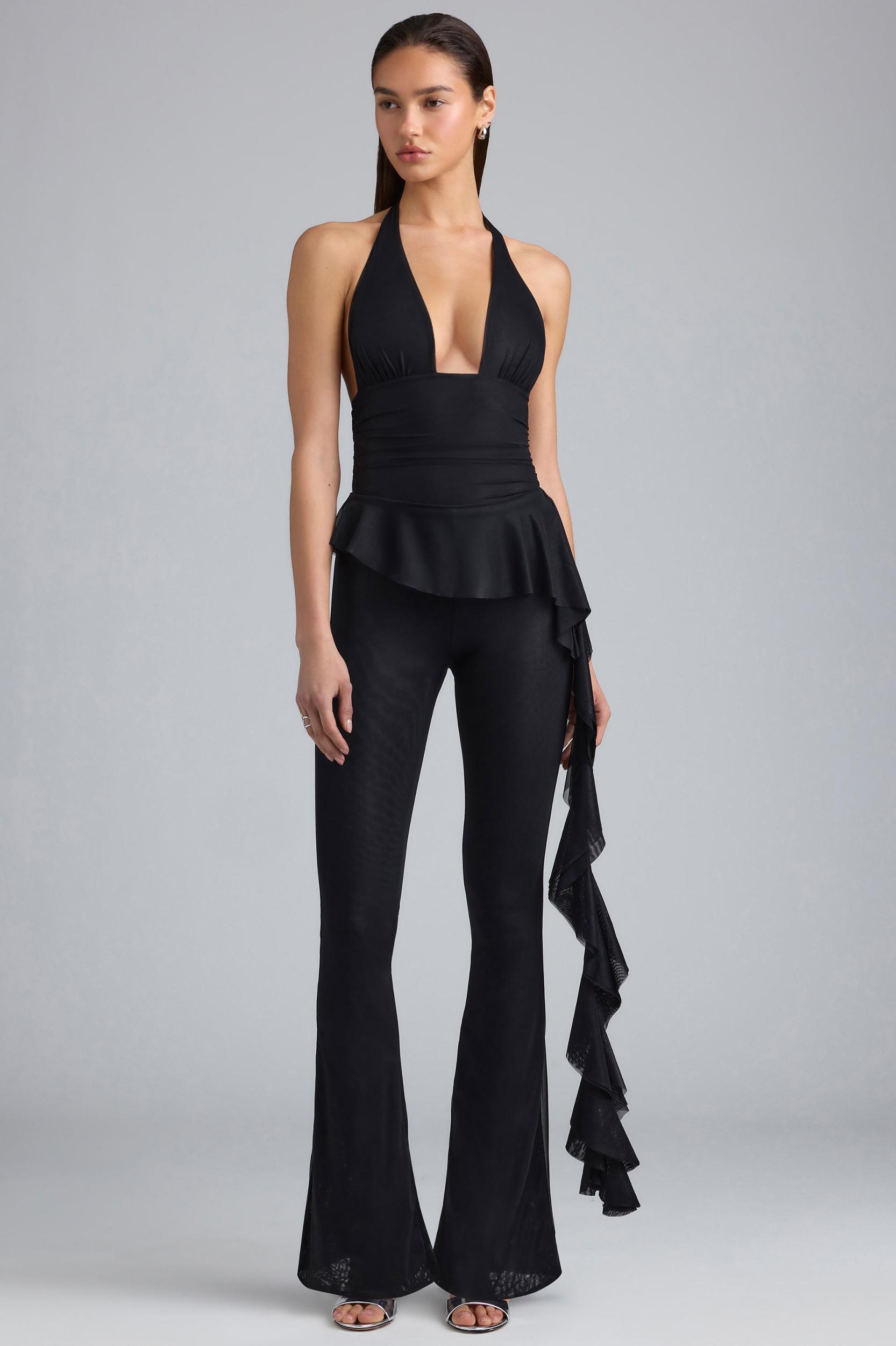 Metallic Ruffle Low-Rise Flared Trousers in Black Product Image