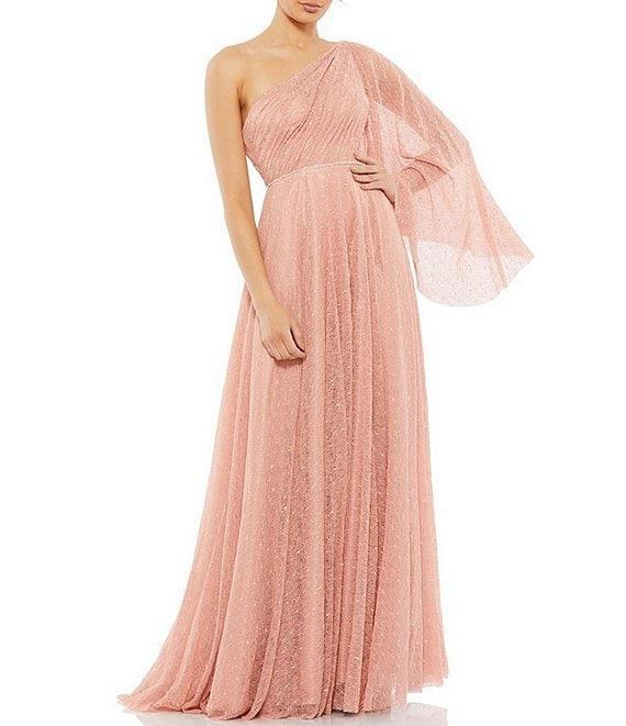 Mac Duggal Lace Asymmetrical One Shoulder Overlay Flutter Sleeve A-Line Gown Product Image