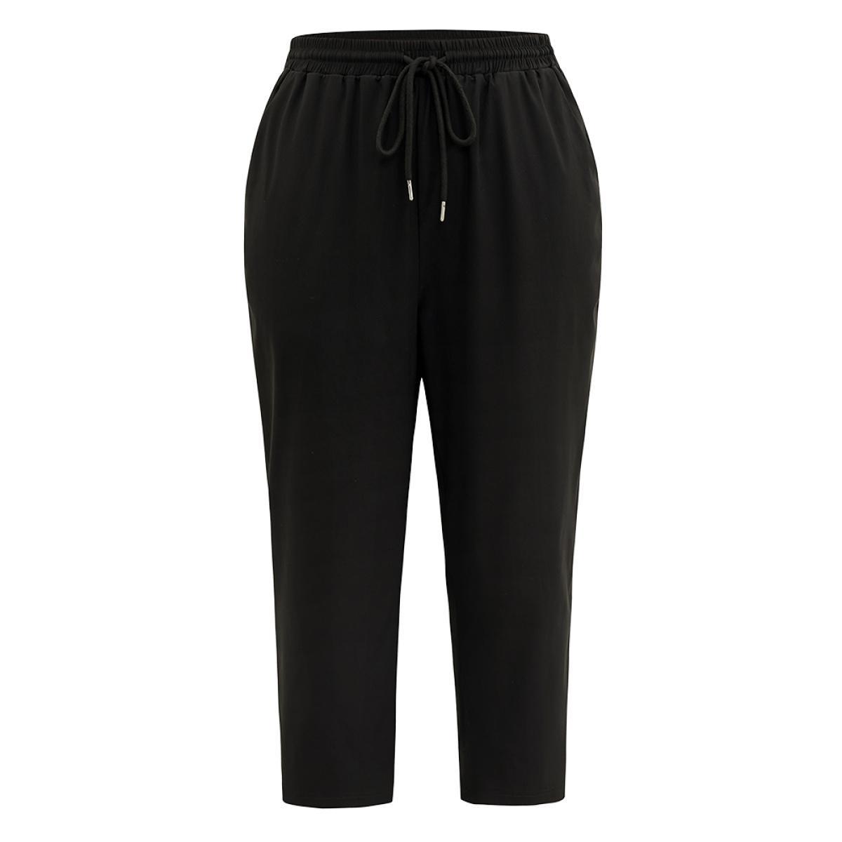 Plus Size Solid Drawstring Pocket Elastic Waist Pants Women Black Casual Straight Leg High Rise Dailywear Pants BloomChic 30/6X Product Image