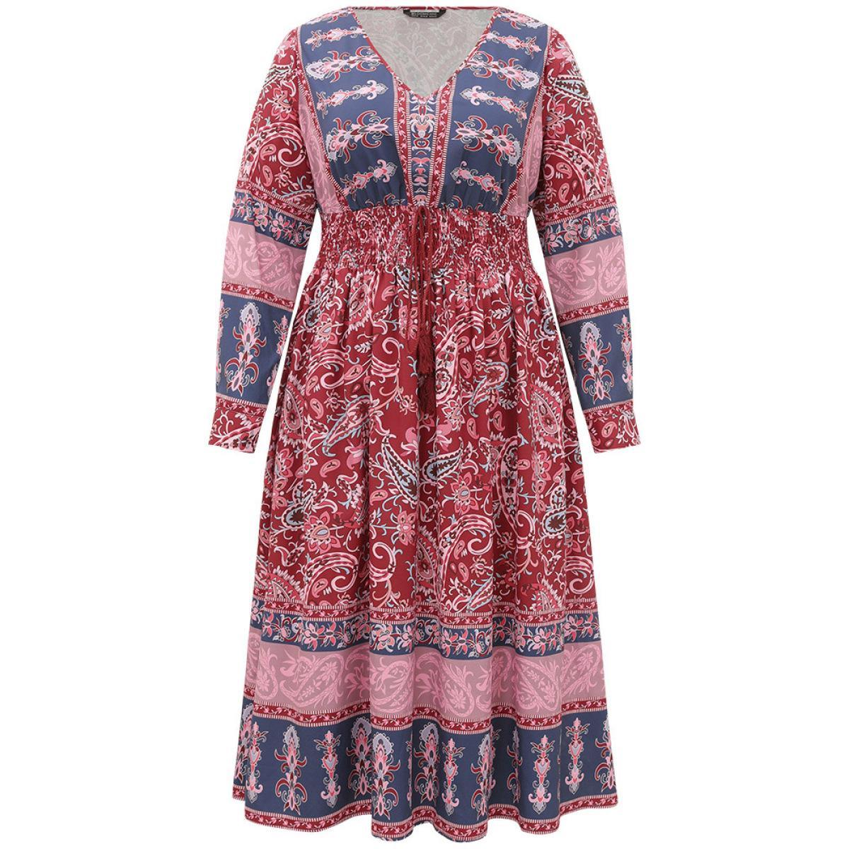 Plus Size Bandana Print Pocket Shirred Bowknot Dress Scarlet Women Vacation Cross straps V-neck Long Sleeve Curvy Midi Dress BloomChic 26/4X Product Image