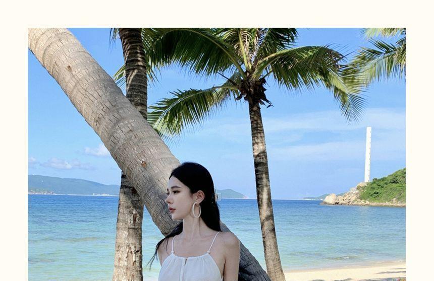 Spaghetti Strap Plain Shirred Keyhole Slit Midi A-Line Dress / Chain Belt Product Image