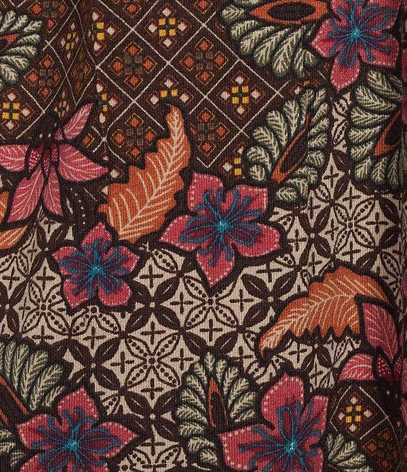 Intro Petite Size Knit Jersey Beaujolais Floral Batik Print 3/4 Sleeve Pleated Neck Tee Product Image