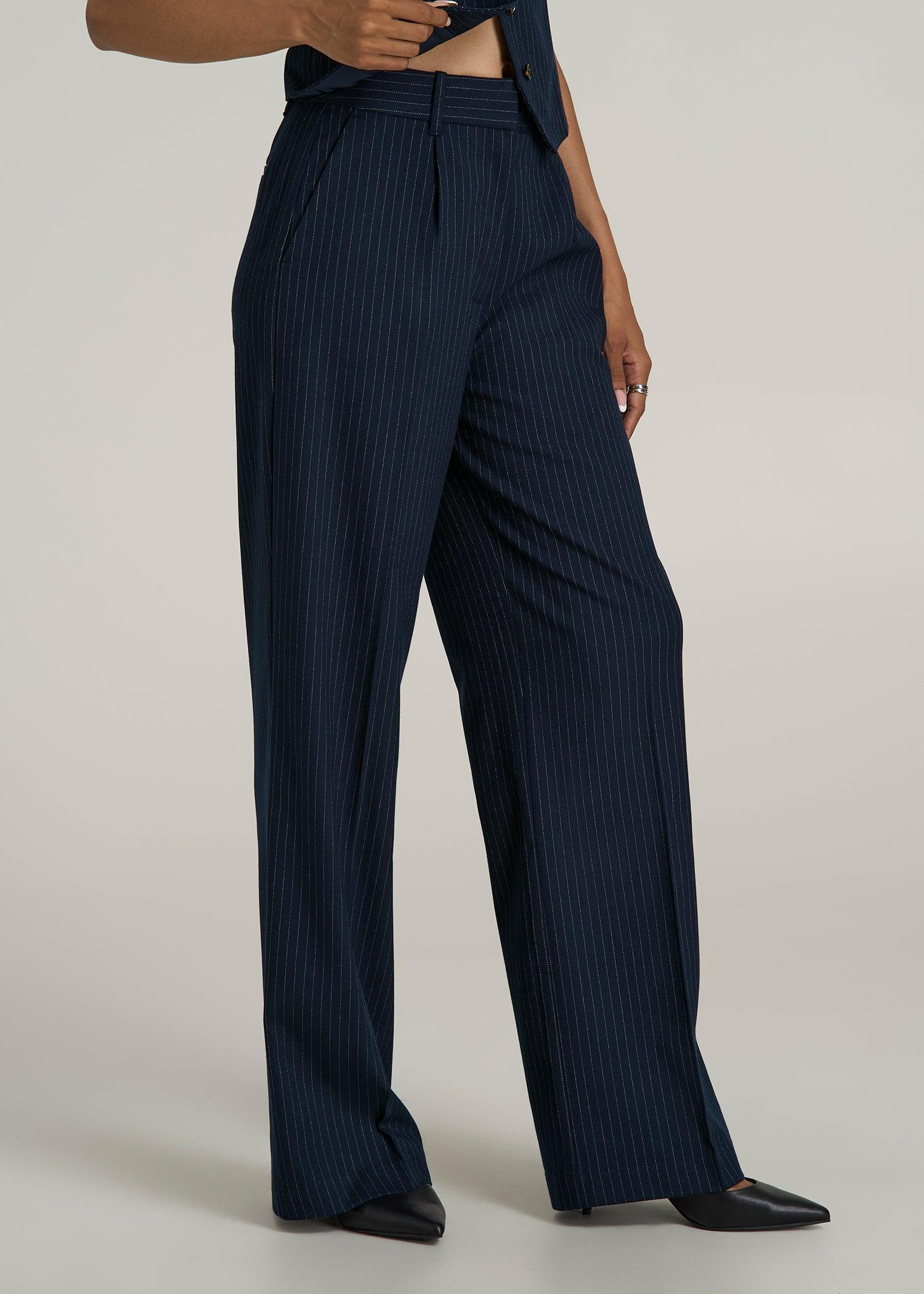 High-Rise Wide-Leg Pleated Dress Pants for Tall Women in Navy Pinstripe Product Image