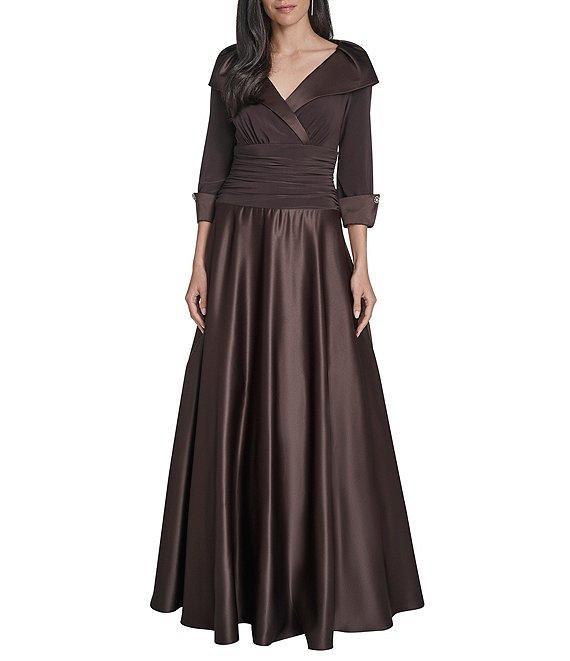 Jessica Howard Portrait Collar V-Neck 3/4 Sleeve Rhinestone Cuff Ruched Waist Satin Gown Product Image