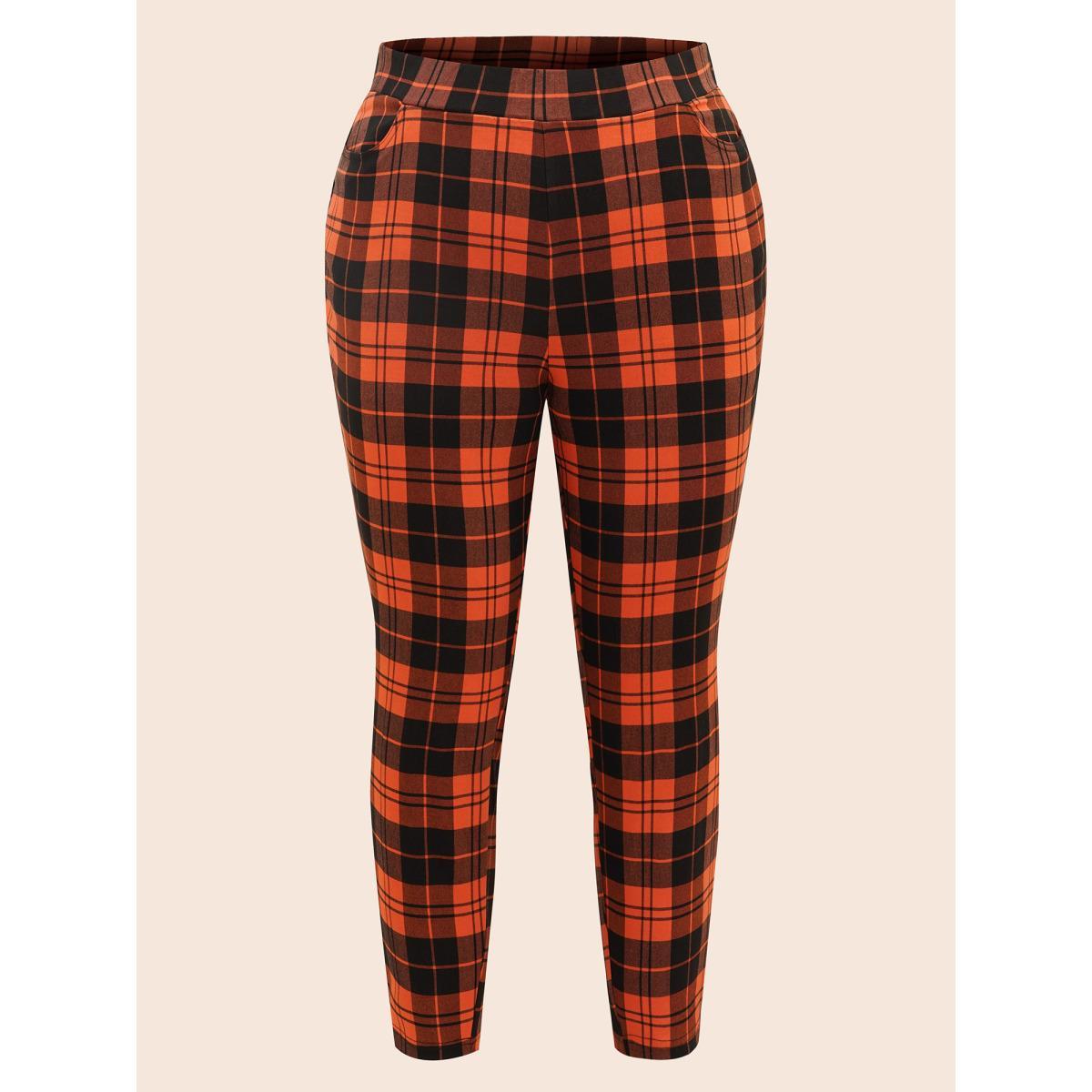 Plus Size Stretchy Plaid Lounge Leggings Women Brightorange Elegant Medium stretch Skinny Mid Rise Everyday Leggings BloomChic 12/L Product Image