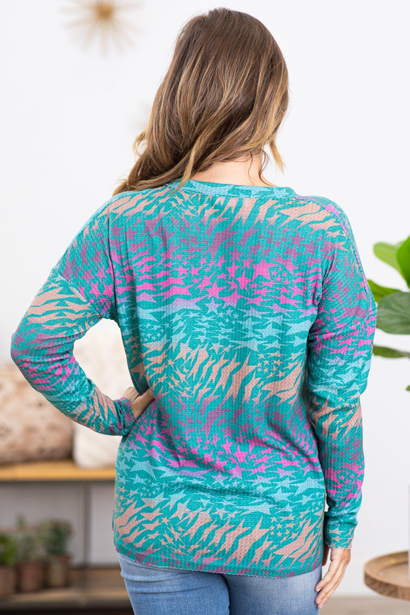Turquoise Star Print Waffle Knit Top Product Image