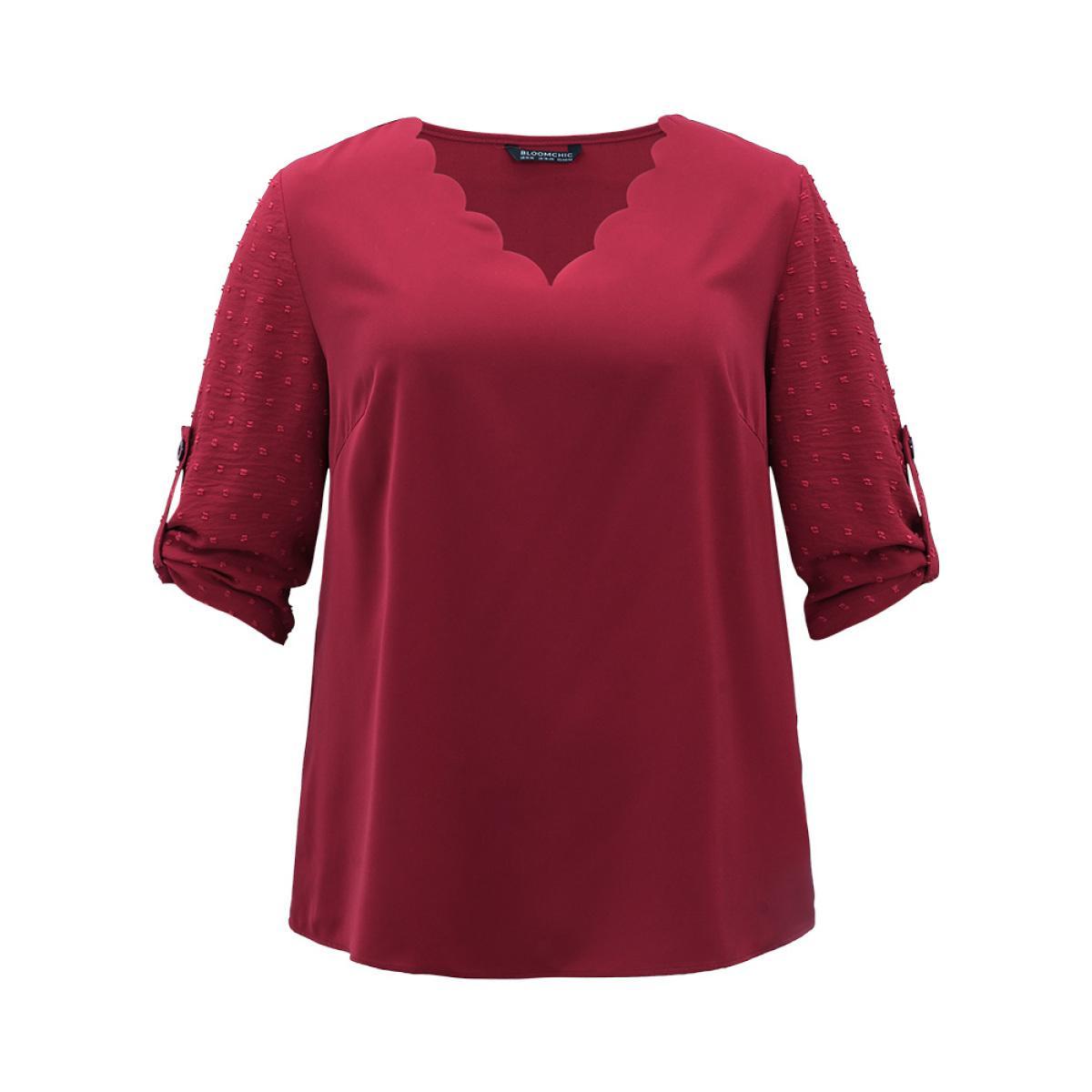 Plus Size Scarlet Plain V Neck Tab Sleeve Scalloped Trim Blouse Women Office Elbow-length sleeve V-neck Work Blouses BloomChic 14-16/1X Product Image