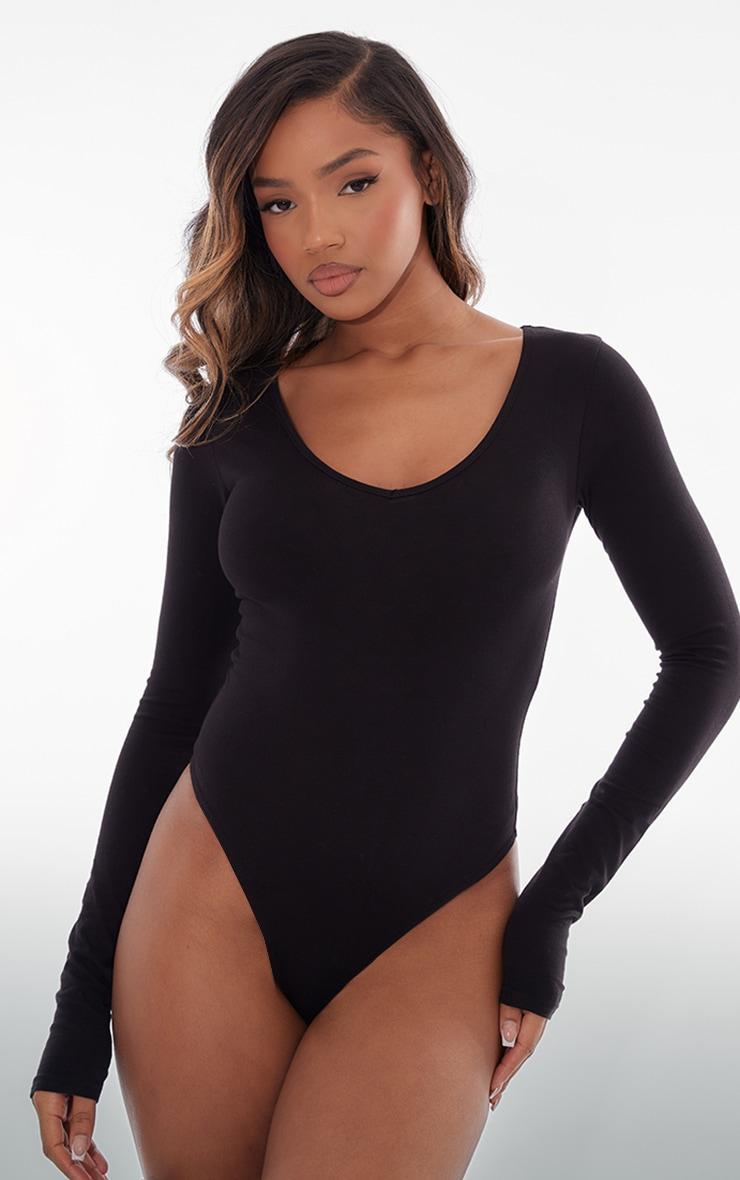 Basic Black Cotton Blend Plunge Long Sleeve Bodysuit Product Image