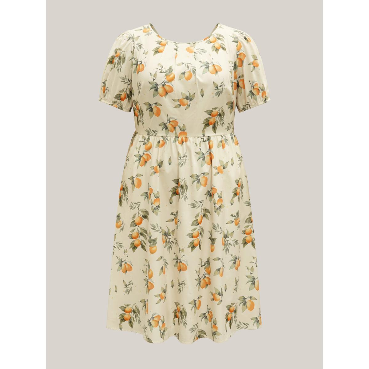Plus Size Citrus Print Bow Backless Midi Dress Apricot Women Boat Neck Short sleeve Curvy BloomChic 26/4X Product Image