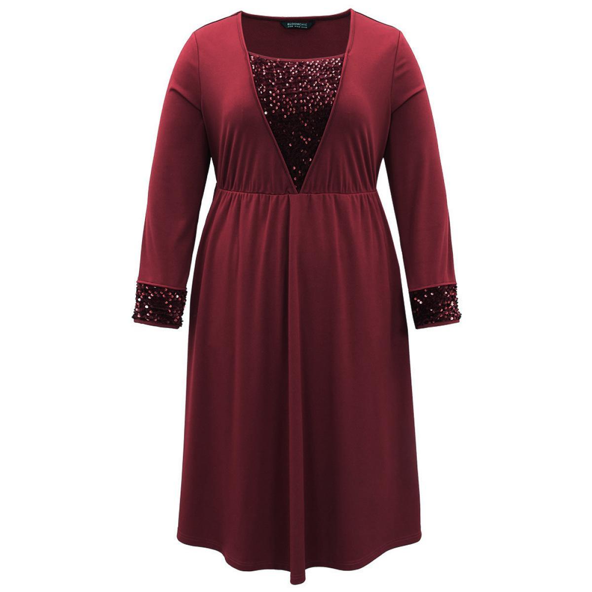 Plus Size Plain Sequin Patchwork Elastic Waist Dress Scarlet Women Glamour Sequin Square Neck Long Sleeve Curvy Midi Dress BloomChic 14-16/1X Product Image