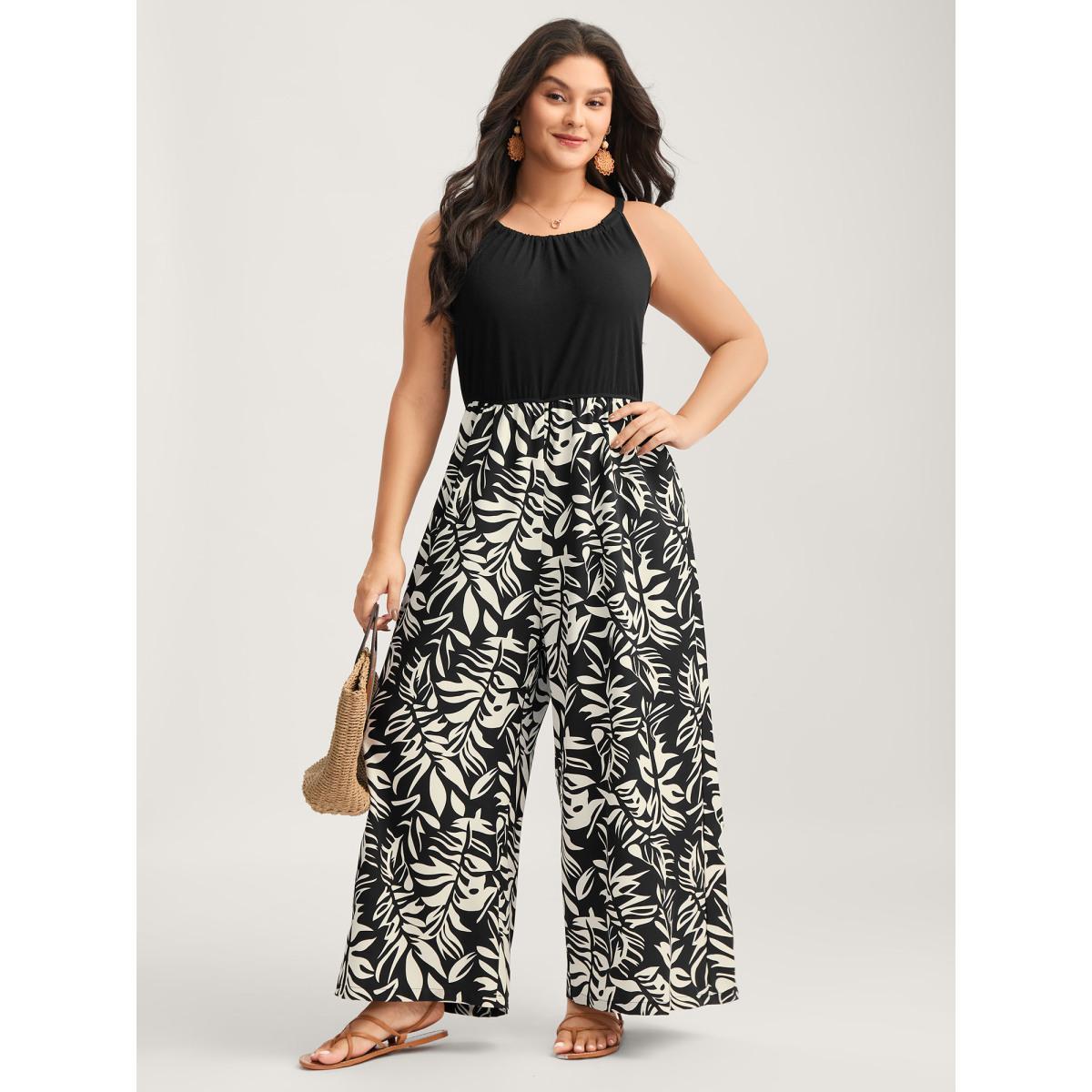 Plus Size Black Leafy Print Halter Neck Sleeveless Jumpsuit Women Sleeveless Round Neck Vacation Loose Jumpsuits BloomChic 18-20/2X Product Image