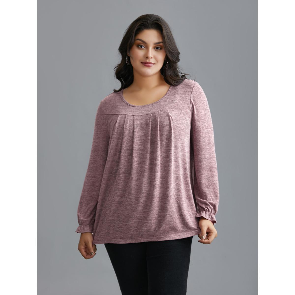 Plus Size Round Neck Heather Pleated T-shirt Blush Women Elegant Pleated Round Neck Loose Everyday T-shirts BloomChic 10/M Product Image