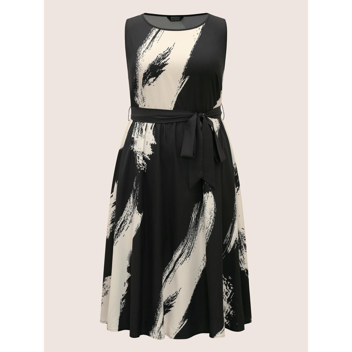Plus Size Marble Print Sleeveless Belted Midi Dress Black Women At the Office Belted Round Neck Sleeveless Curvy BloomChic 30/6X Product Image