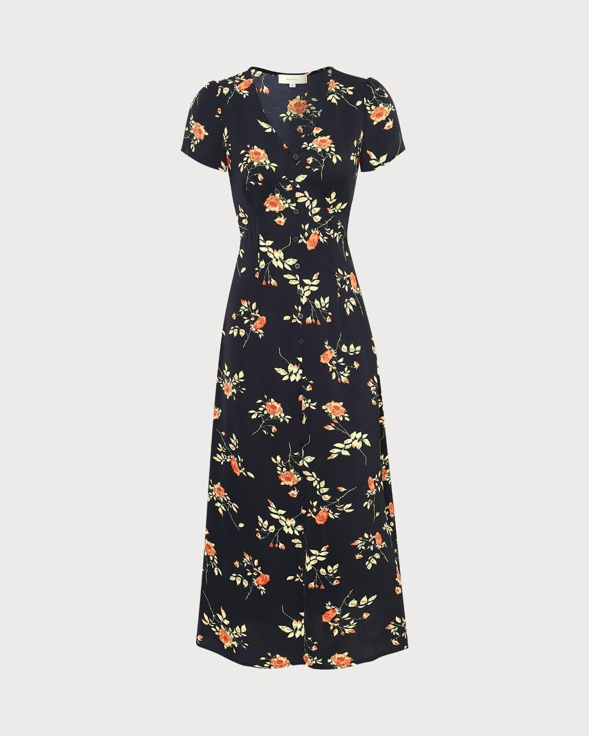 The Black V Neck Floral Short Sleeve Maxi Dress Product Image
