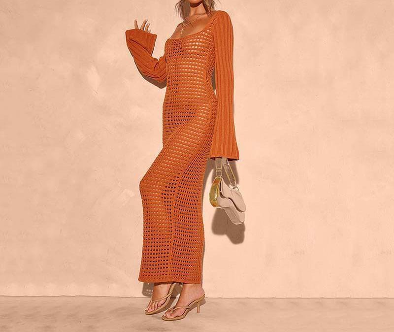 Long Sleeve Square Neck Plain Knit Maxi Sheath Cover Up Dress Product Image