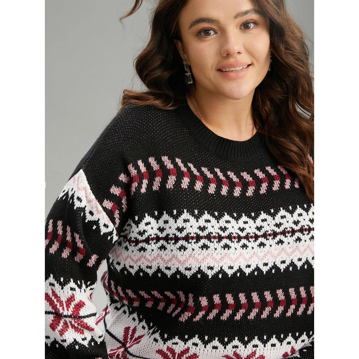 Plus Size Bandana Geo Print Drop Shoulder Pullover Multicolor Women Casual Loose Long Sleeve Round Neck Dailywear Pullovers BloomChic 12/L Product Image