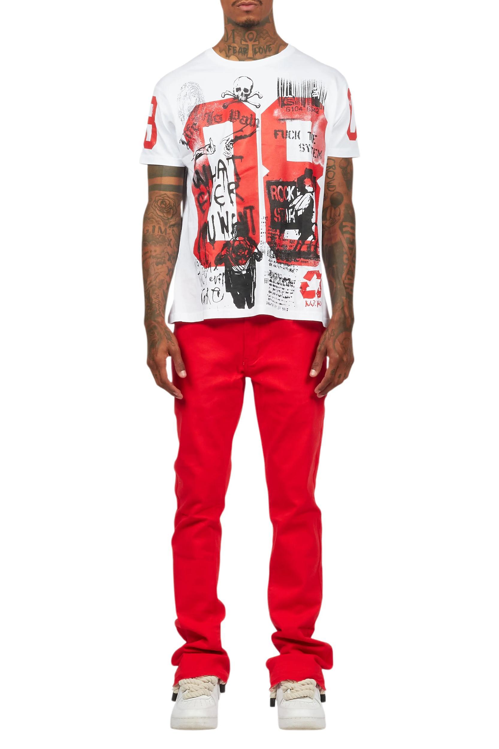 Grill White/Red Oversized Graphic T-Shirt/Dag Stacked Flare Jean Set Male Product Image