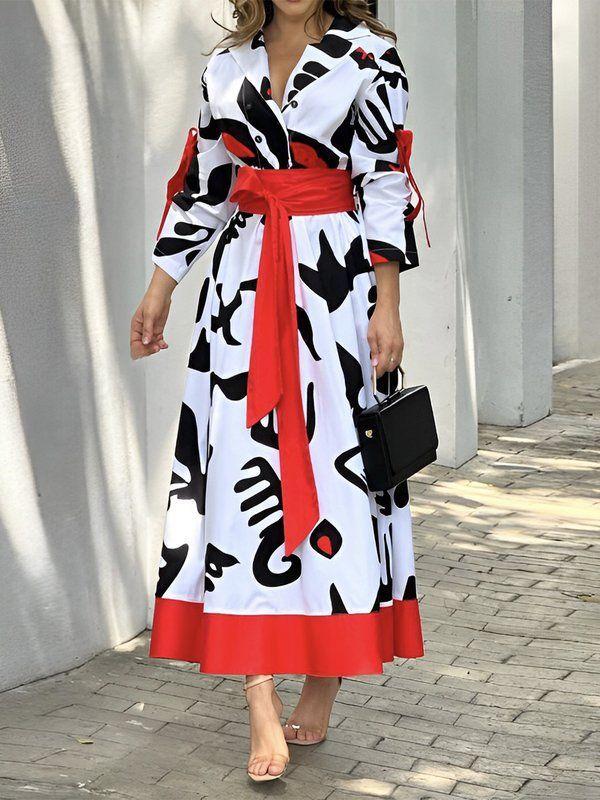 A-Line Long Sleeves Buttoned Contrast Color Tied Waist Notched Collar Maxi Dresses Shirt Dress Product Image