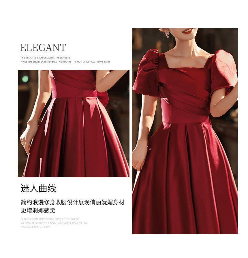 Puff Sleeve Square Neck Plain Pleated Bow A-Line Evening Gown Product Image
