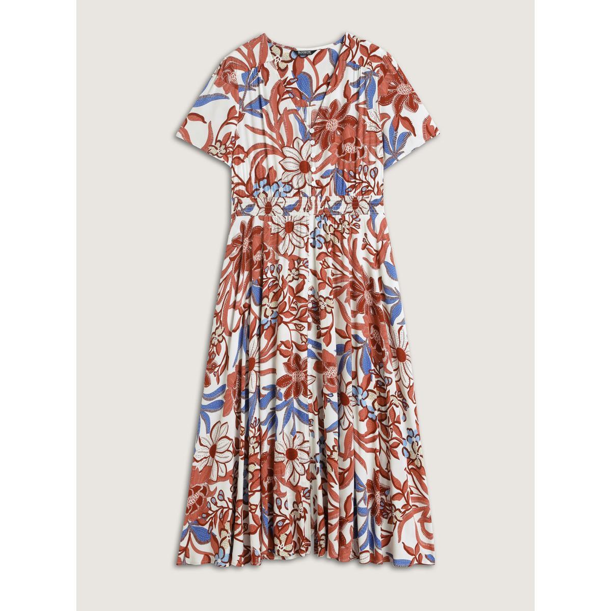 Plus Size Large Floral Print Button Placket Midi Dress Multicolor Women V-neck Short sleeve Curvy BloomChic 10/M Product Image