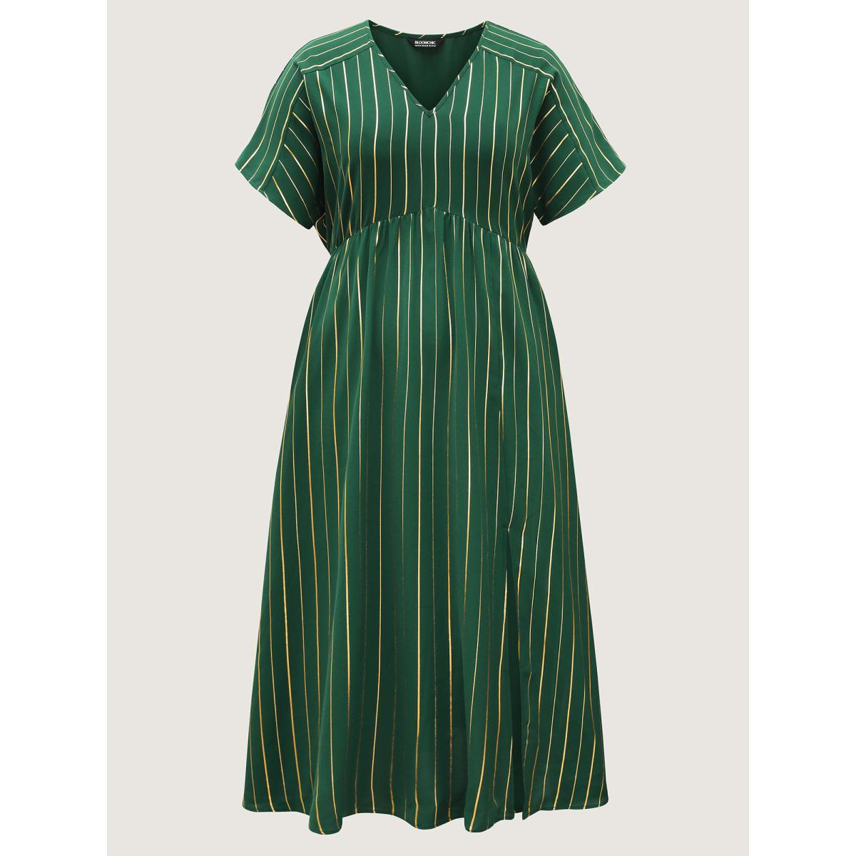 Plus Size Gold Shimmery Stripes Pockets Midi Dress DarkGreen Women V-neck Short sleeve Curvy BloomChic 30/6X Product Image