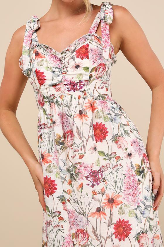 Cecily Ivory Floral Ruffled Tie-Strap Midi Dress Product Image