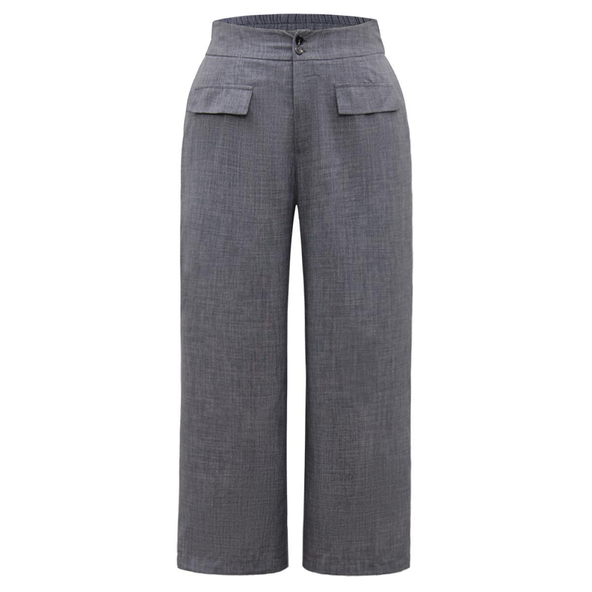 Plus Size Textured Button Up Flap Detail Wide Leg Pants Women Gray Office Wide Leg High Rise Work Pants BloomChic 10/M Product Image