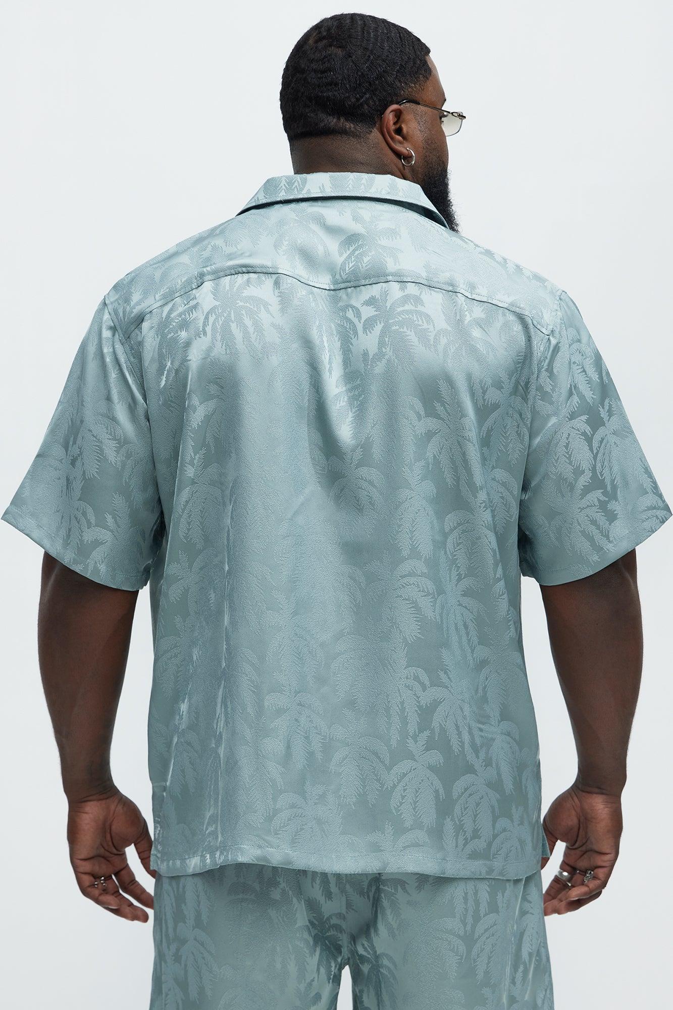 Palm Trees Jacquard Short Sleeve Button Up Shirt - Green Product Image