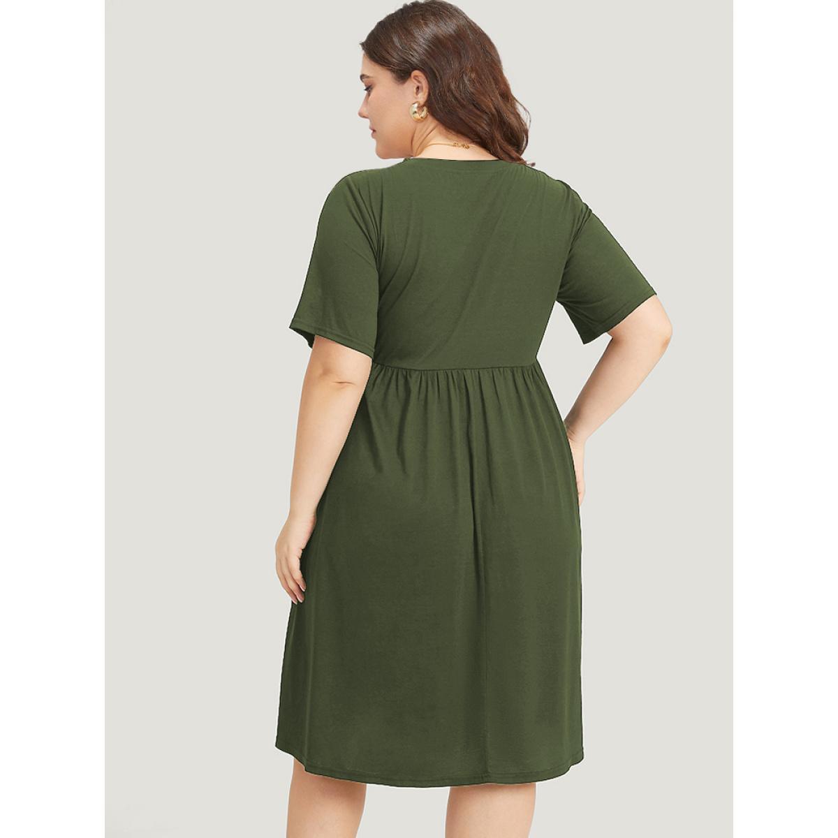 Plus Size Supersoft Essentials Solid Pleated Round Neck Midi Dress ArmyGreen Women Casual Plain Round Neck Short sleeve Curvy Midi Dress BloomChic 18-20/2X Product Image
