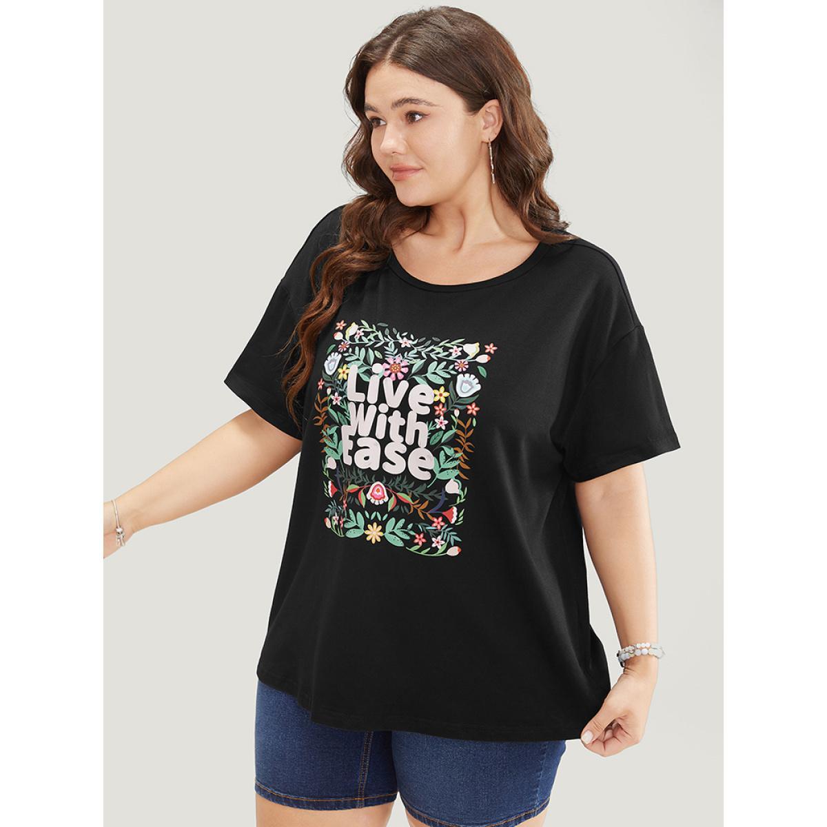 Plus Size Floral & Slogan Print Slightly Stretchy Casual T-shirt Black Women Casual Plain Natural Flowers Dailywear T-shirts BloomChic 10/M Product Image