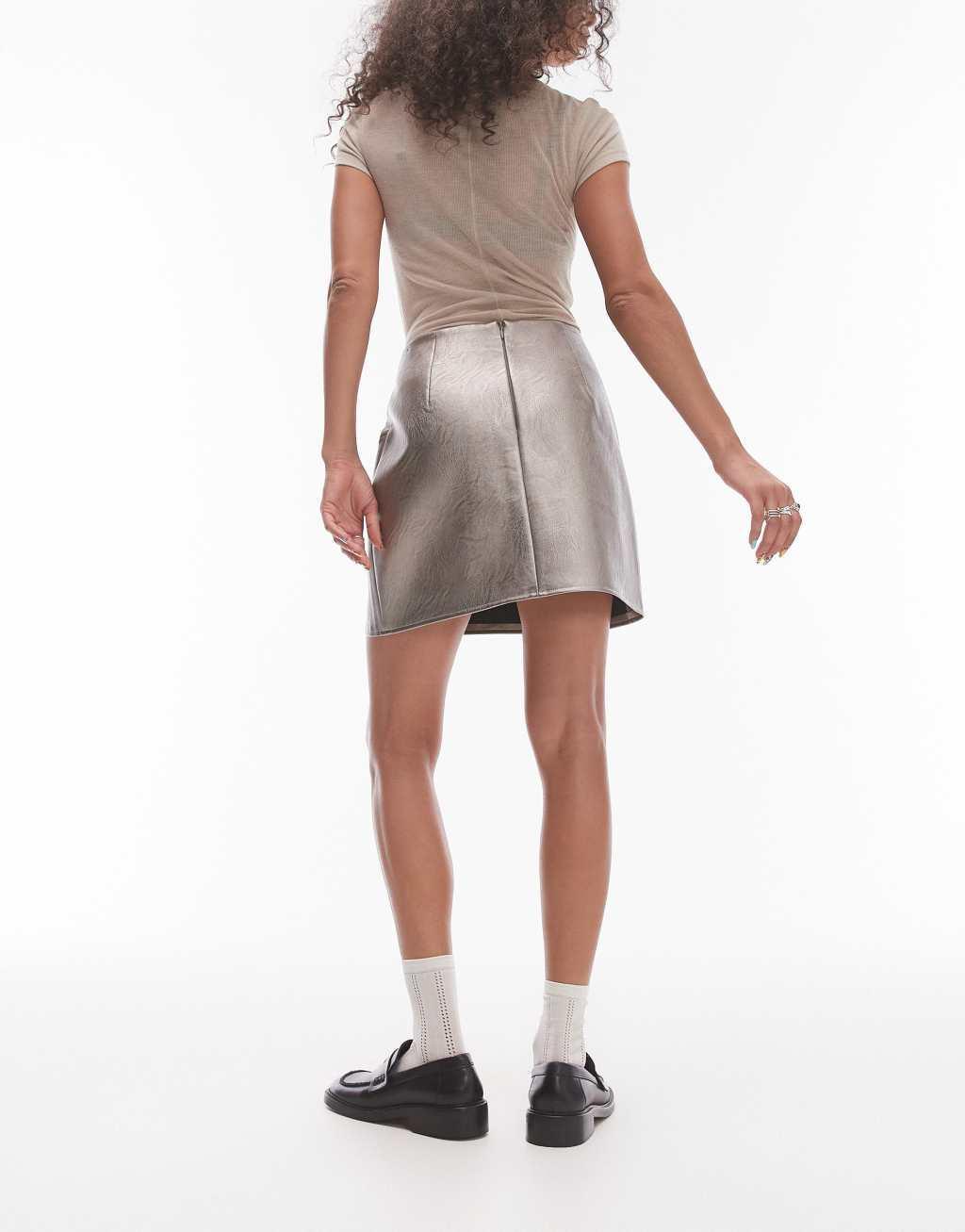 Topshop faux leather paneled seam pelmet skirt in metallic gunmetal Product Image