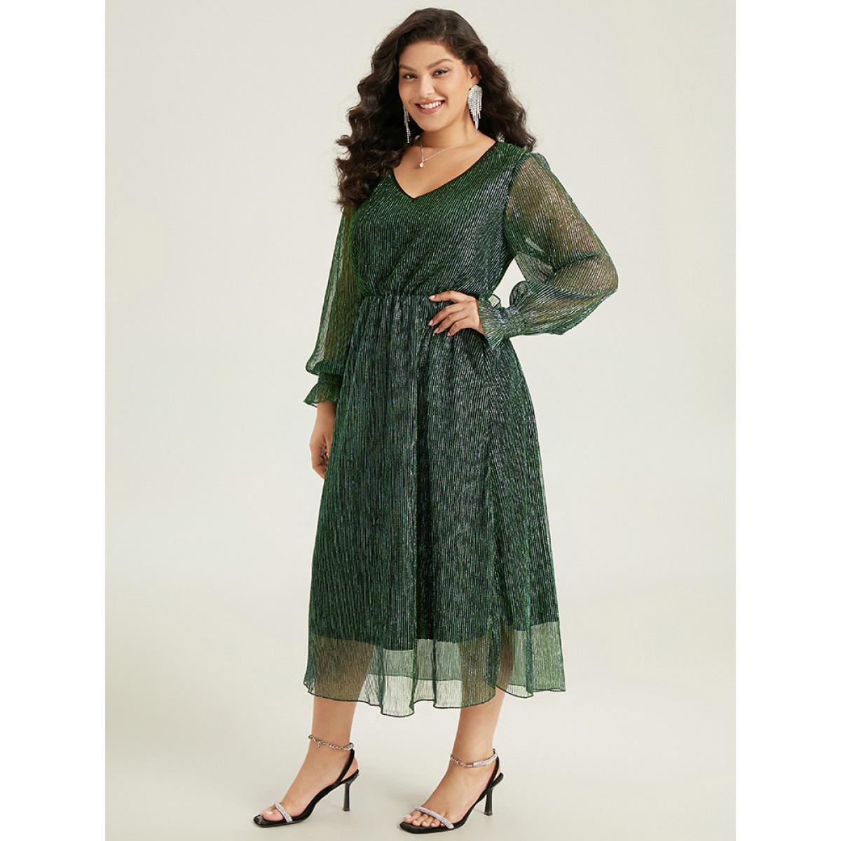 Plus Size Plain Texture Elastic Waist Shirred Mesh Dress DarkGreen Women Cocktail Texture V-neck Long Sleeve Curvy Midi Dress BloomChic 18-20/2X Product Image