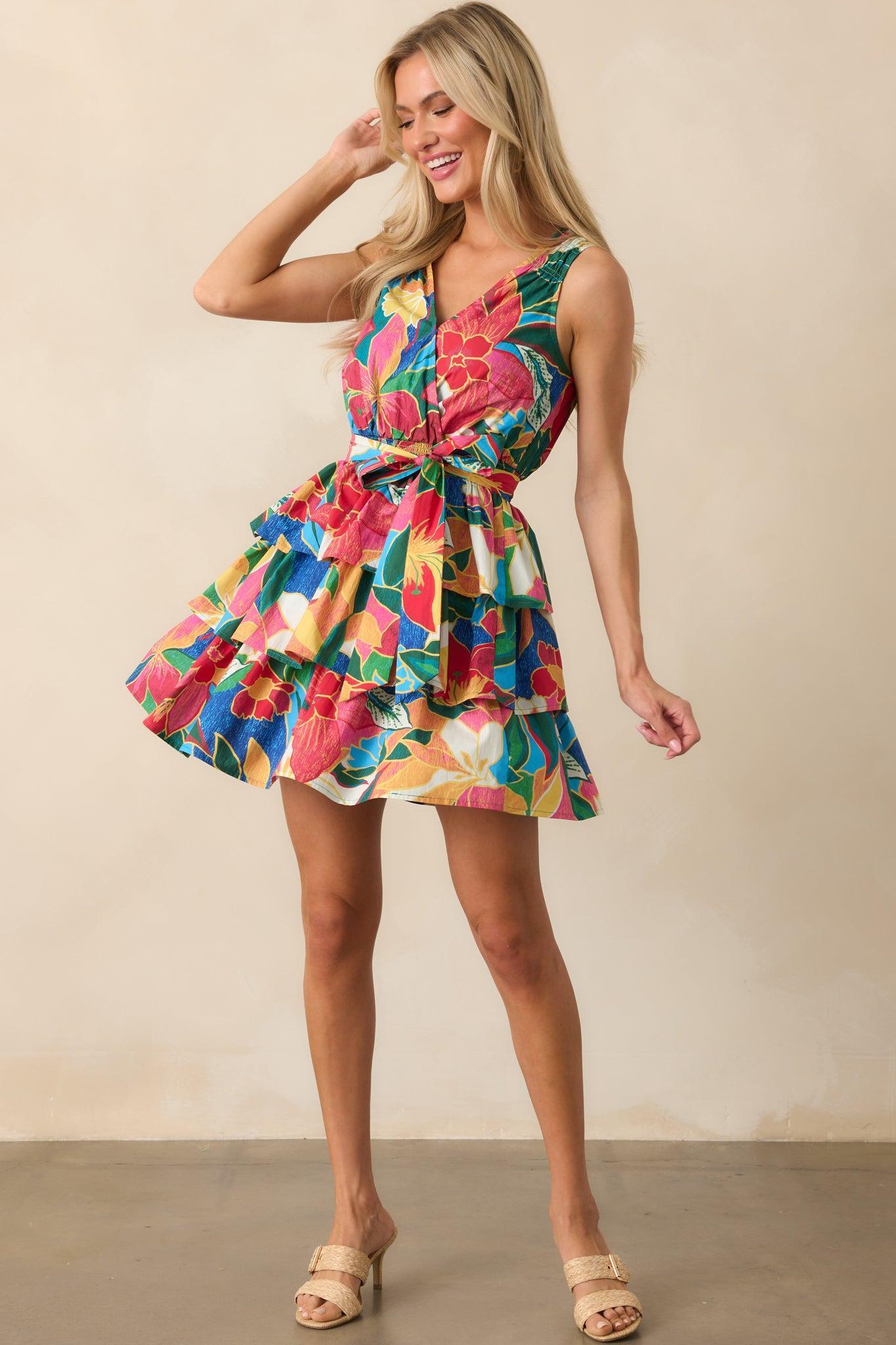 Brighter Than Ever Blue Tropical Print Cotton Mini Dress Product Image