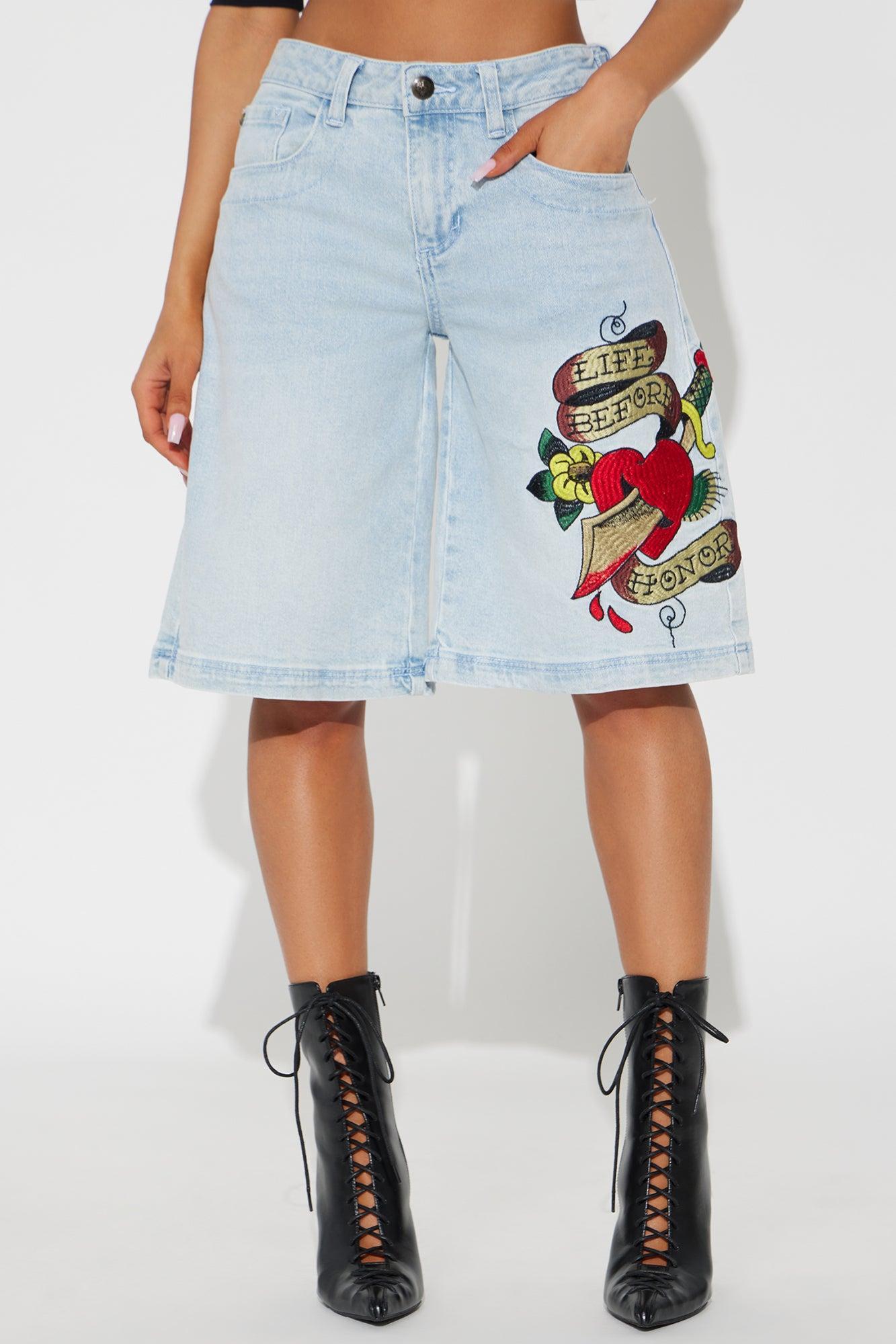 Ed Hardy Love Hurts Baggy Denim Jorts - Light Wash Product Image