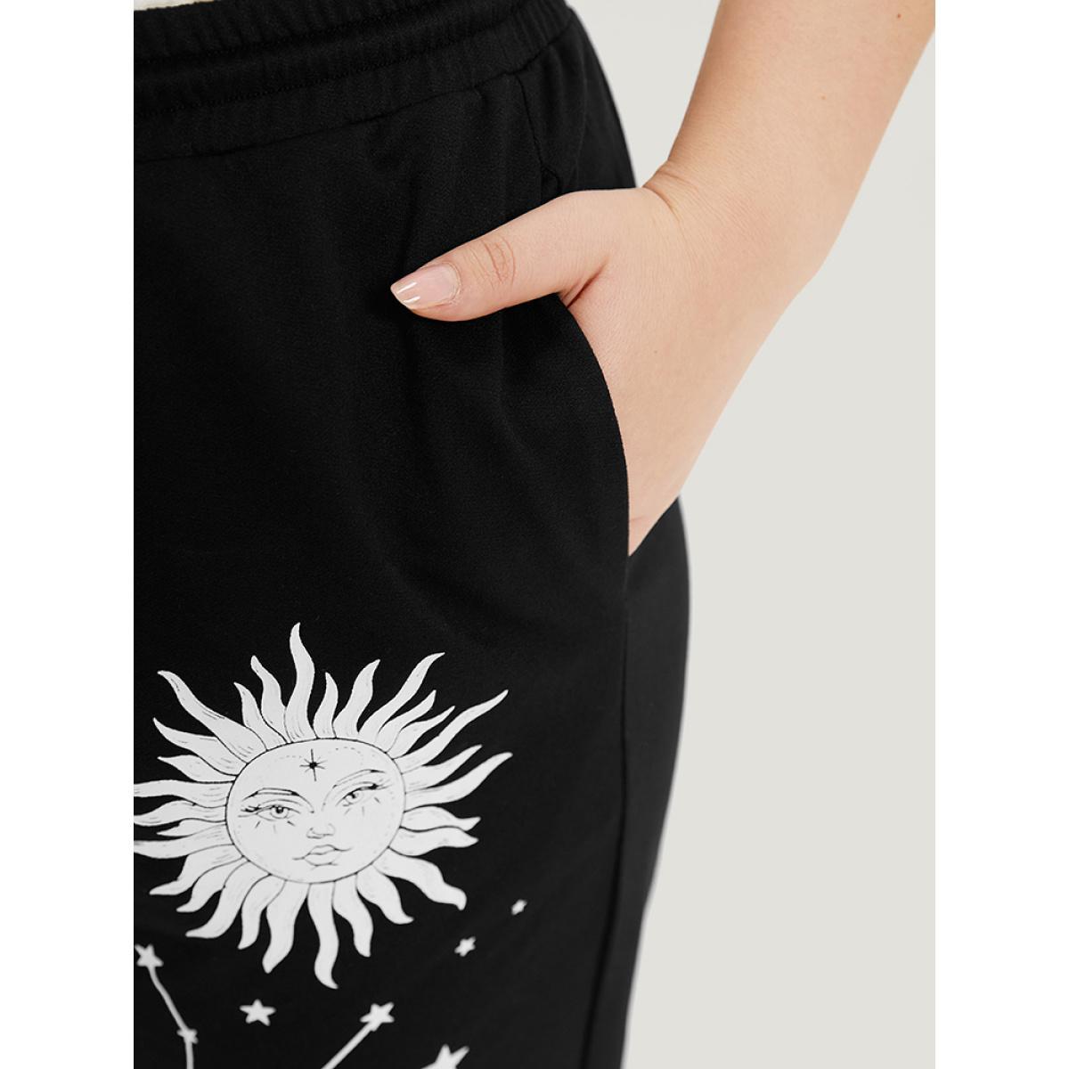 Moon and Star Print Pocket Drawstring Sweatpants Black Plus Size Women Casual Dailywear Plain 28/5X Bloomchic Product Image