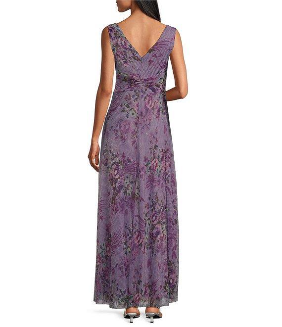 R & M Richards Sleeveless V-Neck Ruched Waist Floral Print Gown Product Image
