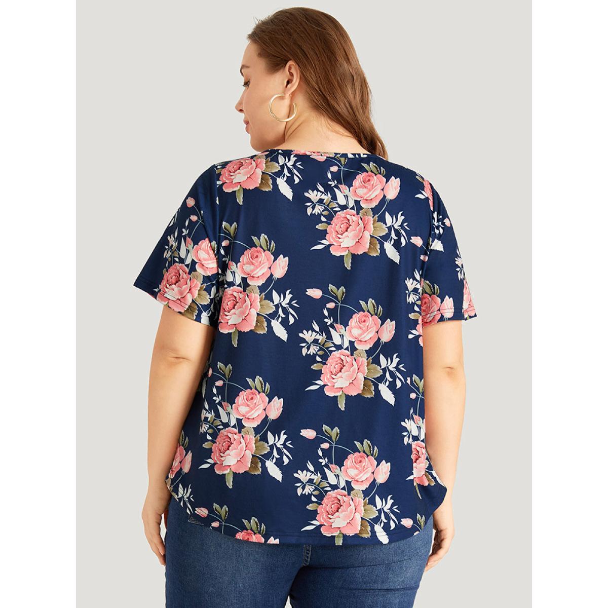 Plus Size Floral Print Button Up Flutter Gathered T-shirt Blue Women Elegant Printed Floral Open Front Dailywear T-shirts BloomChic 28/5X Product Image